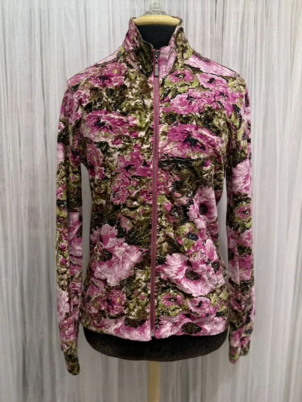 Zenergy By Chico’s Floral Zip Front Jacket Womens 0/Small Rhinestone Zip Stretch - Picture 1 of 15